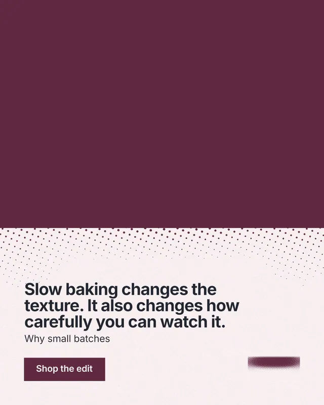 Instagram portrait post for By Teddy: "Slow baking changes the texture. It also changes how carefully you can watch it." Swiss style, bottom layout, light palette in red, white, grey.