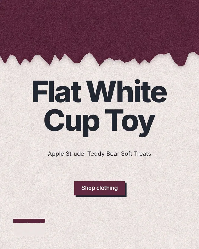 Instagram portrait post for By Teddy: "Flat White Cup Toy". Paper trio style, centred layout, light palette in pink, red, orange.