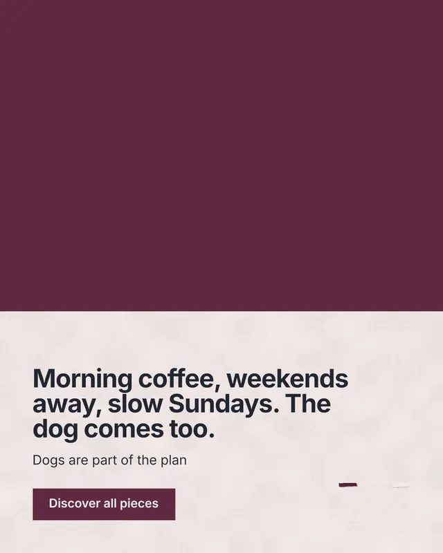 Instagram portrait post for By Teddy: "Morning coffee, weekends away, slow Sundays. The dog comes too." Swiss style, bottom layout, light palette in red, grey.