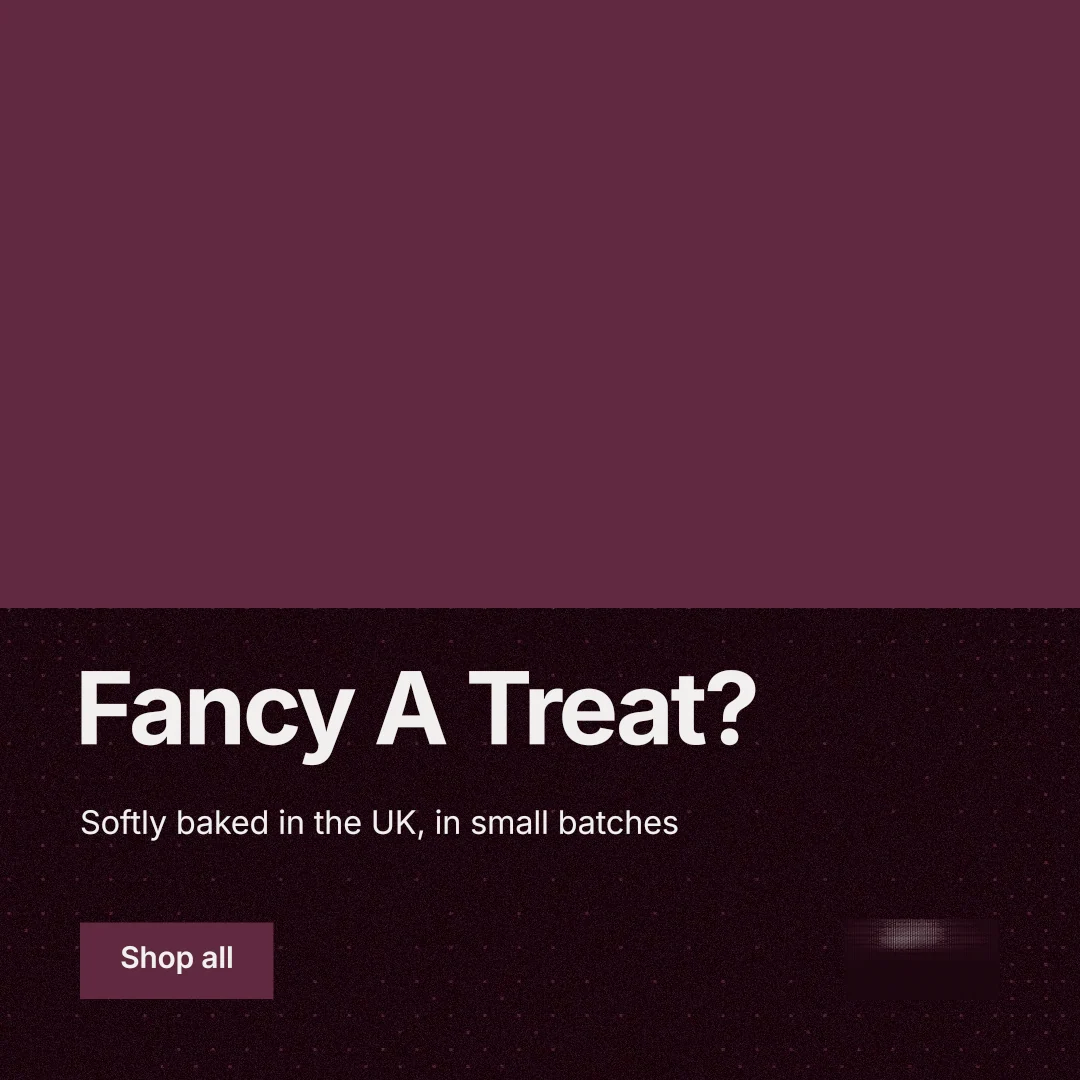 Instagram post for By Teddy: "Fancy A Treat?" Swiss style, bottom layout, dark palette in red, black.