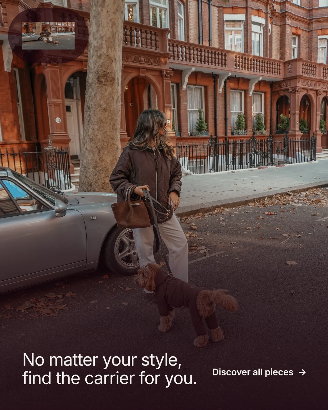 Instagram portrait post for By Teddy: "No matter your style, find the carrier for you." Film still style, image led layout, dark palette in red, grey.