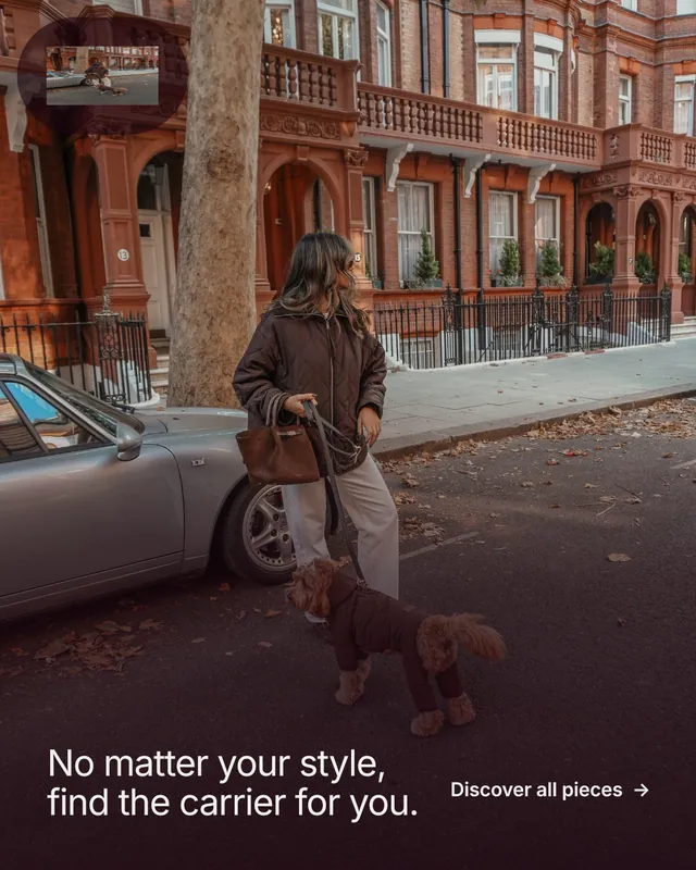 Instagram portrait post for By Teddy: "No matter your style, find the carrier for you." Film still style, image led layout, dark palette in red, grey.