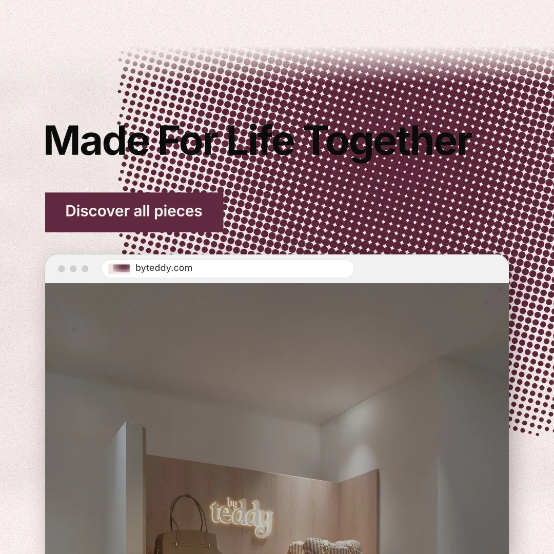Instagram post for By Teddy: "Made For Life Together". Retro print style, browser layout, light palette in grey, red, white.