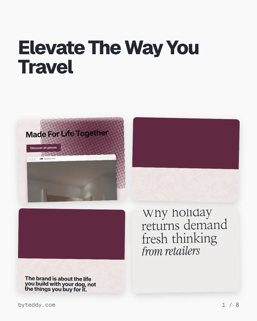 Carousel for By Teddy: "Elevate The Way You Travel". Collection carousel, 8 slides, light palette.