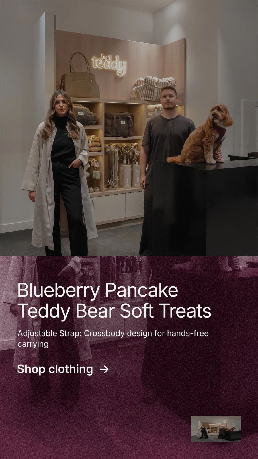 Instagram story for By Teddy: "Blueberry Pancake Teddy Bear Soft Treats". Film still style, bottom layout, dark palette in grey, black, red.