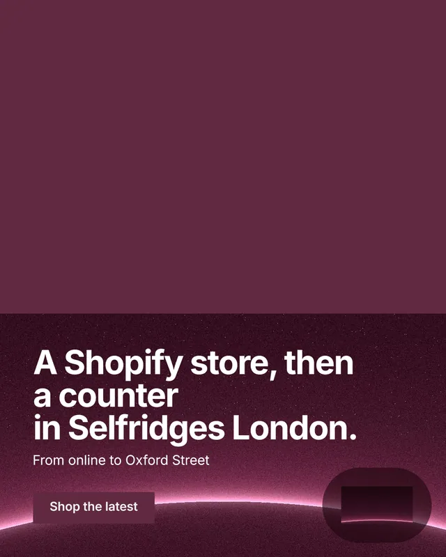 Instagram portrait post for By Teddy: "A Shopify store, then a counter in Selfridges London." Swiss style, bottom layout, dark palette in red, pink, grey.