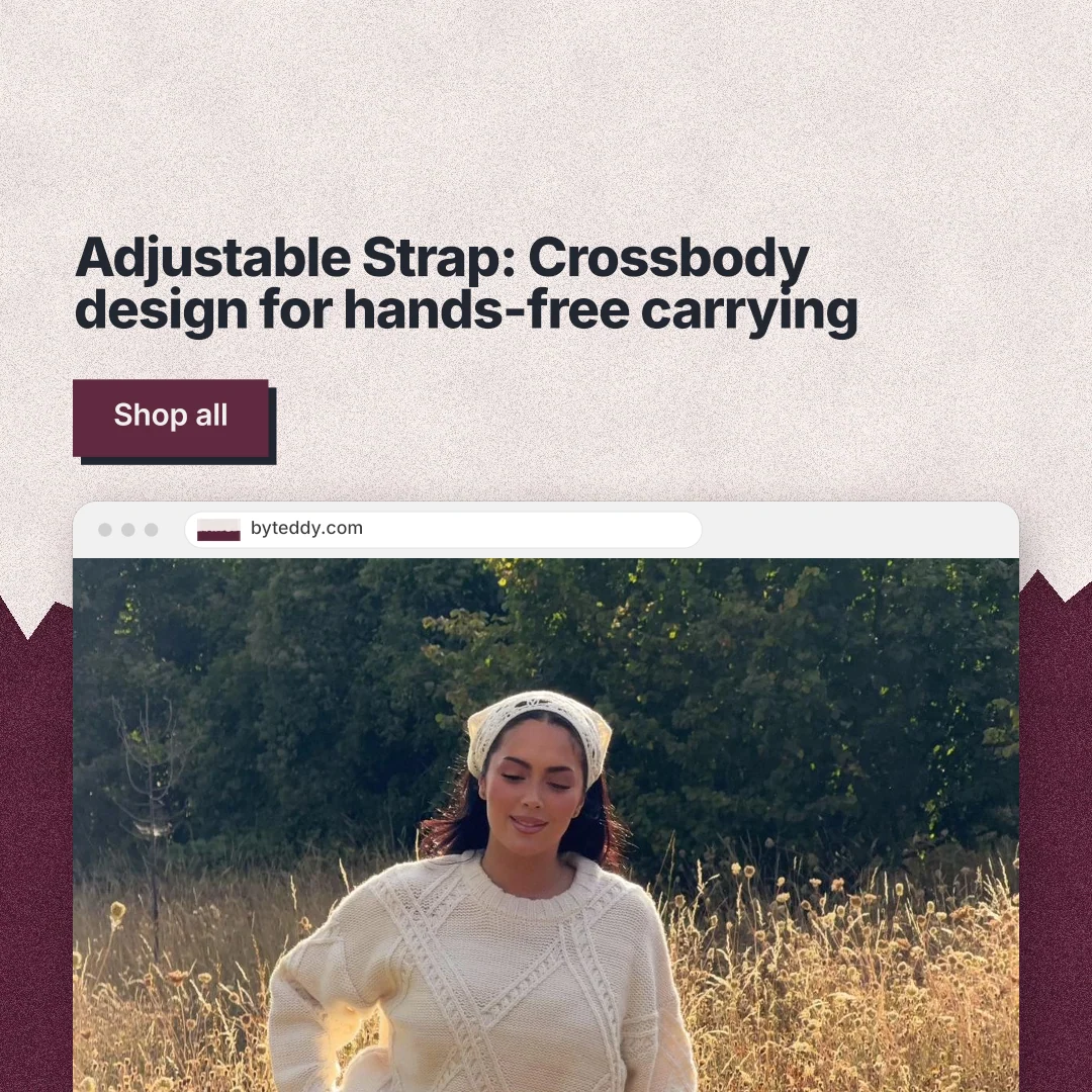 Instagram post for By Teddy: "Adjustable Strap: Crossbody design for hands-free carrying". Paper trio style, browser layout, light palette in orange, black, grey.