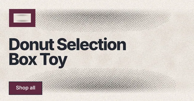 Social ad for By Teddy: "Donut Selection Box Toy". Ink sticker style, announce layout, light palette in orange, white, grey.