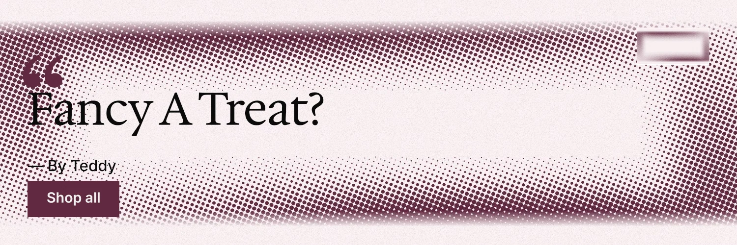 X header for By Teddy: "Fancy A Treat?" Swiss style, quote layout, light palette in white, grey, red.