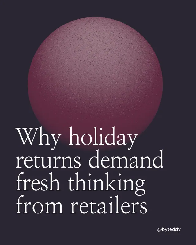 Instagram portrait post for By Teddy: "Why holiday returns demand fresh thinking from retailers". Auto 4x5 style, technique:shader field layout, dark palette in black, grey, pink.