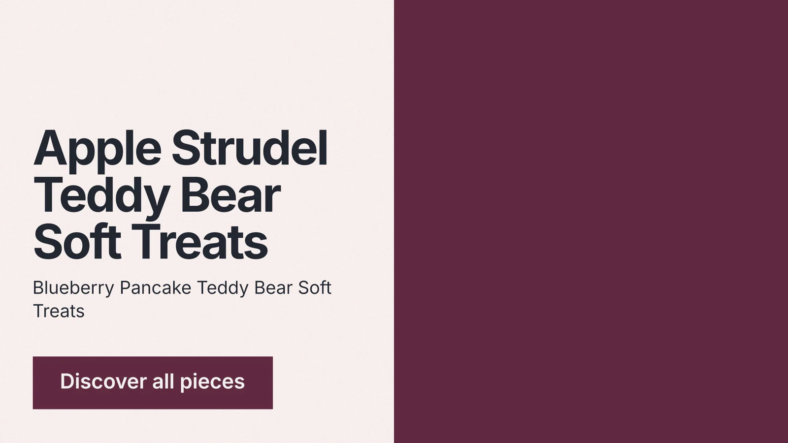 Landscape graphic for By Teddy: "Apple Strudel Teddy Bear Soft Treats". Swiss style, bottom layout, light palette in red, white, grey.