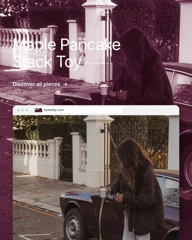 Instagram portrait post for By Teddy: "Maple Pancake Stack Toy". Film still style, browser layout, dark palette in red, grey, orange.