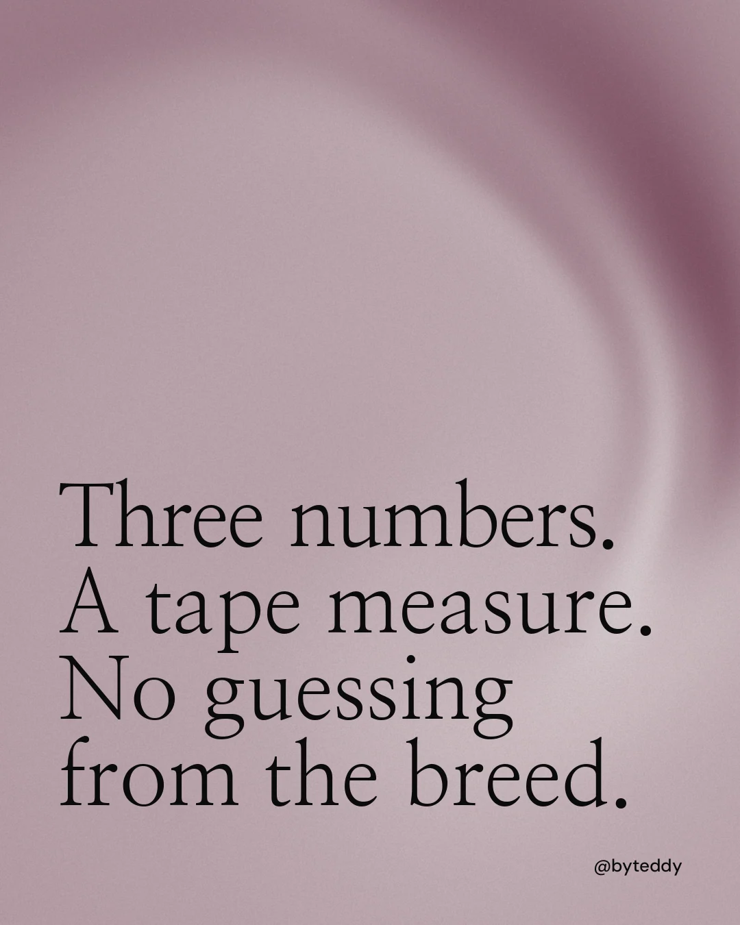 Instagram portrait post for By Teddy: "Three numbers. A tape measure. No guessing from the breed." Auto 4x5 style, technique:shader field layout, light palette in grey.