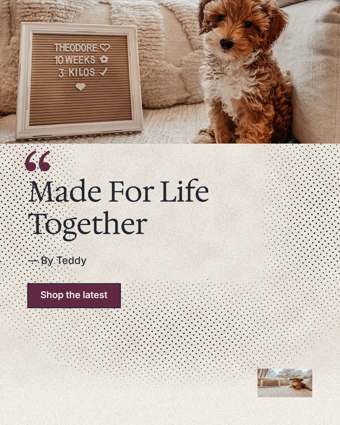 Instagram portrait post for By Teddy: "Made For Life Together". Ink sticker style, quote layout, light palette in white, brown, orange.