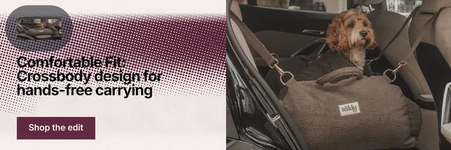X header for By Teddy: "Comfortable Fit: Crossbody design for hands-free carrying". Retro print style, bottom layout, light palette in red, grey, black.