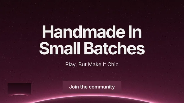 Landscape graphic for By Teddy: "Handmade In Small Batches". Swiss style, centred layout, dark palette in black, pink, red.