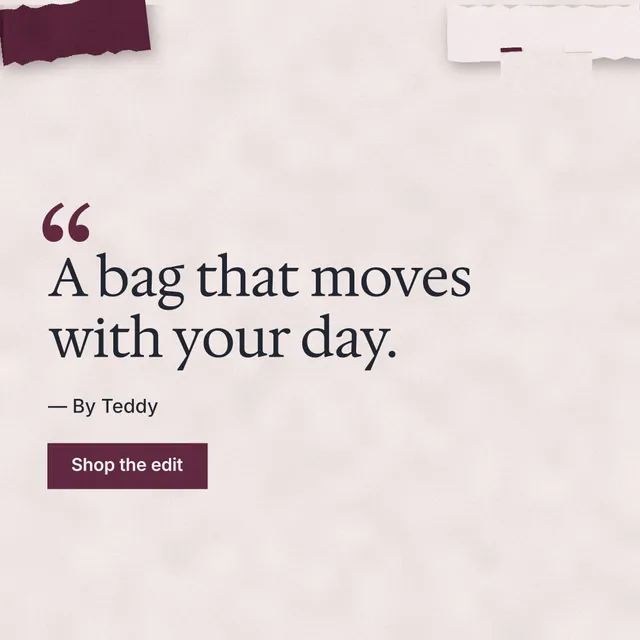 Instagram post for By Teddy: "A bag that moves with your day." Swiss style, quote layout, light palette in white, red, grey.