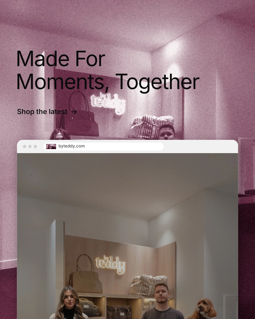 Instagram portrait post for By Teddy: "Made For Moments, Together". Film still style, browser layout, light palette in grey, red.