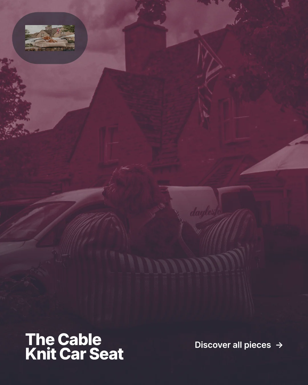 Instagram portrait post for By Teddy: "The Cable Knit Car Seat". Ink sticker style, image led layout, dark palette in pink, grey, black.