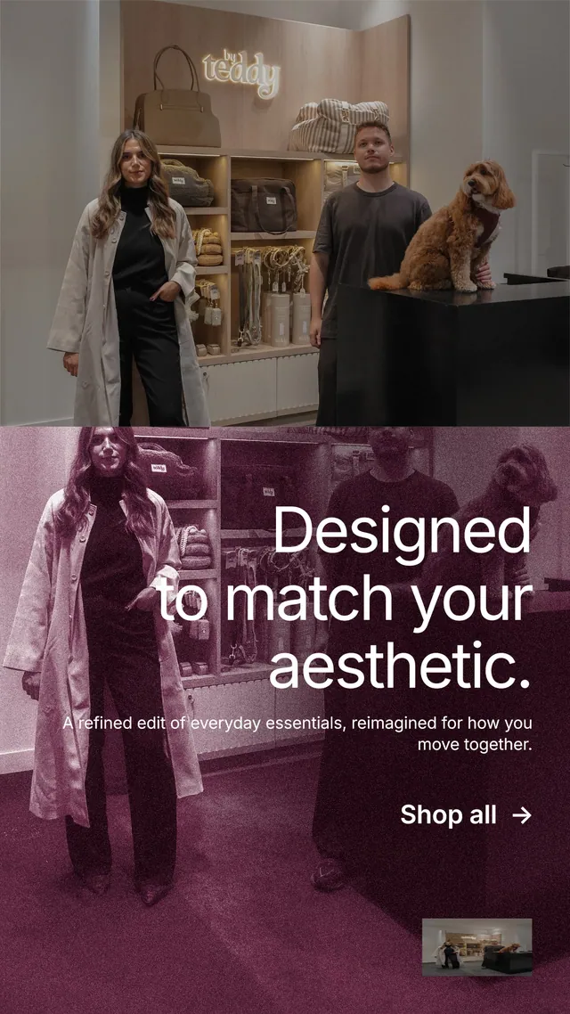 Instagram story for By Teddy: "Designed to match your aesthetic." Film still style, right layout, dark palette in red, black, grey.