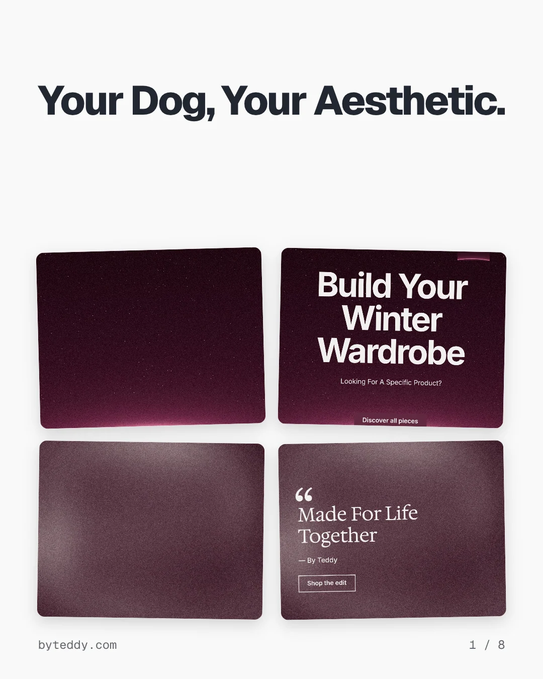 Carousel for By Teddy: "Your Dog, Your Aesthetic.". Collection carousel, 8 slides, light palette.