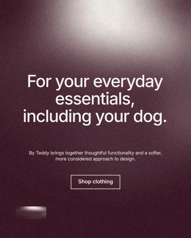 Instagram portrait post for By Teddy: "For your everyday essentials, including your dog." Cyanotype style, centred layout, dark palette in red, grey.