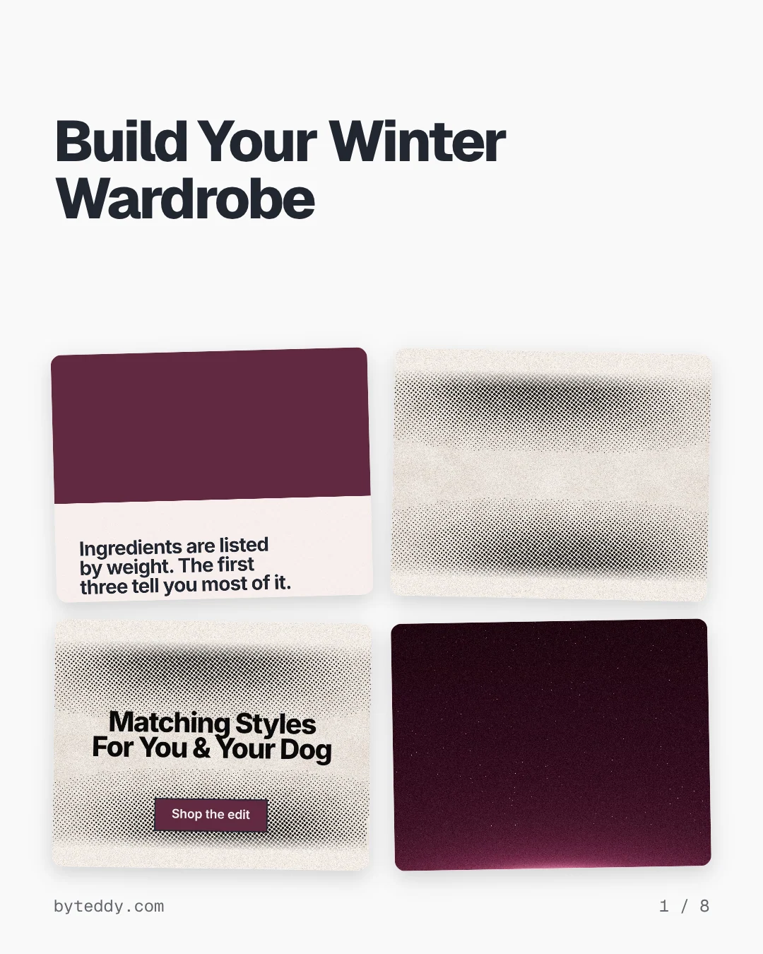 Carousel for By Teddy: "Build Your Winter Wardrobe". Collection carousel, 8 slides, light palette.