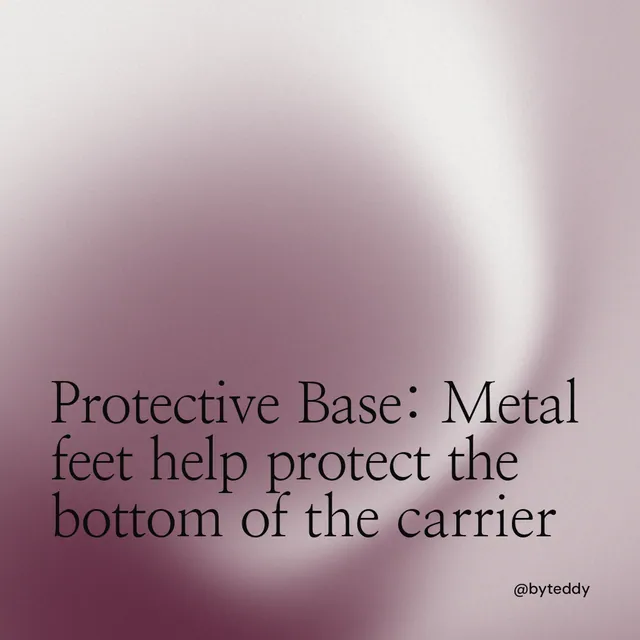 Instagram post for By Teddy: "Protective Base: Metal feet help protect the bottom of the carrier". Auto 1x1 style, technique:shader field layout, light palette in grey, white, red.