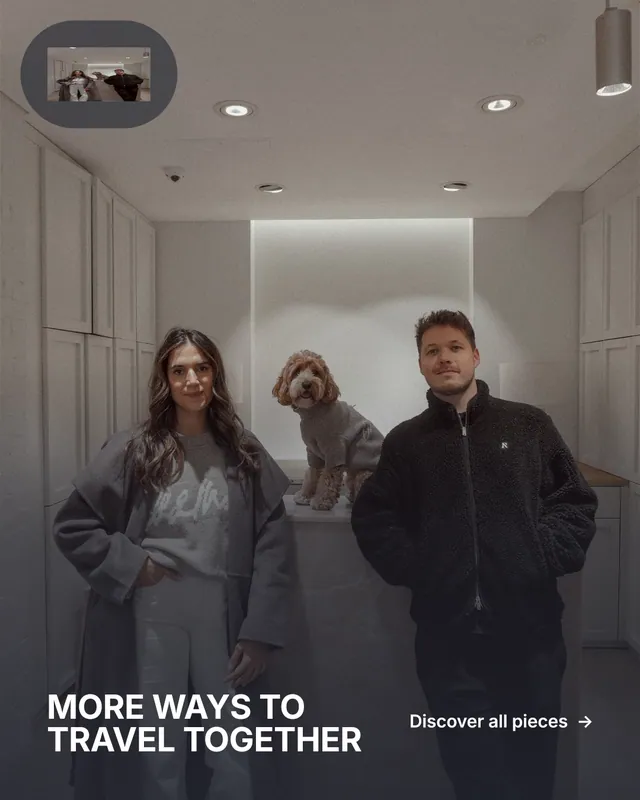 Instagram portrait post for By Teddy: "MORE WAYS TO TRAVEL TOGETHER". Swiss style, image led layout, dark palette in black, grey.