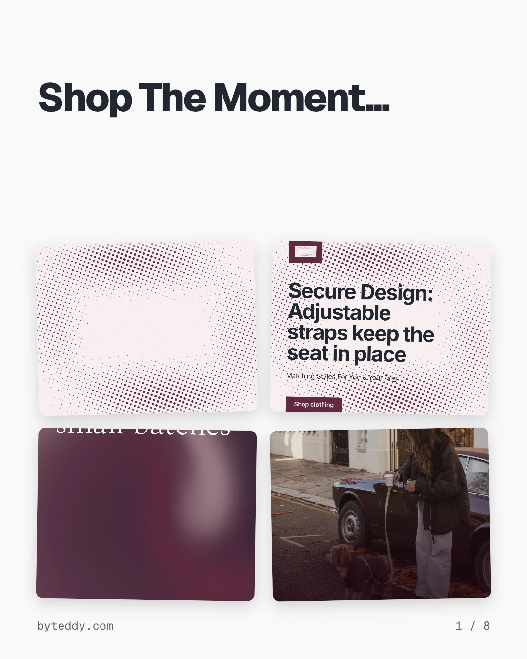 Carousel for By Teddy: "Shop The Moment...". Collection carousel, 8 slides, light palette.
