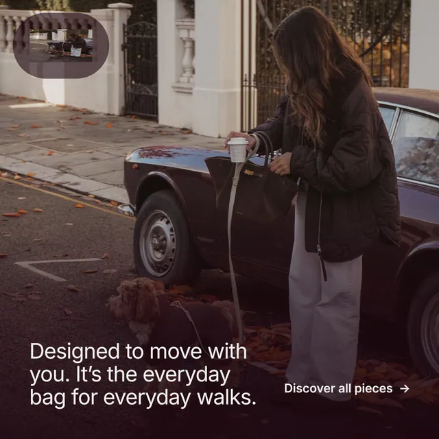 Instagram post for By Teddy: "Designed to move with you. It’s the everyday bag for everyday walks." Film still style, image led layout, dark palette in black, red, grey.