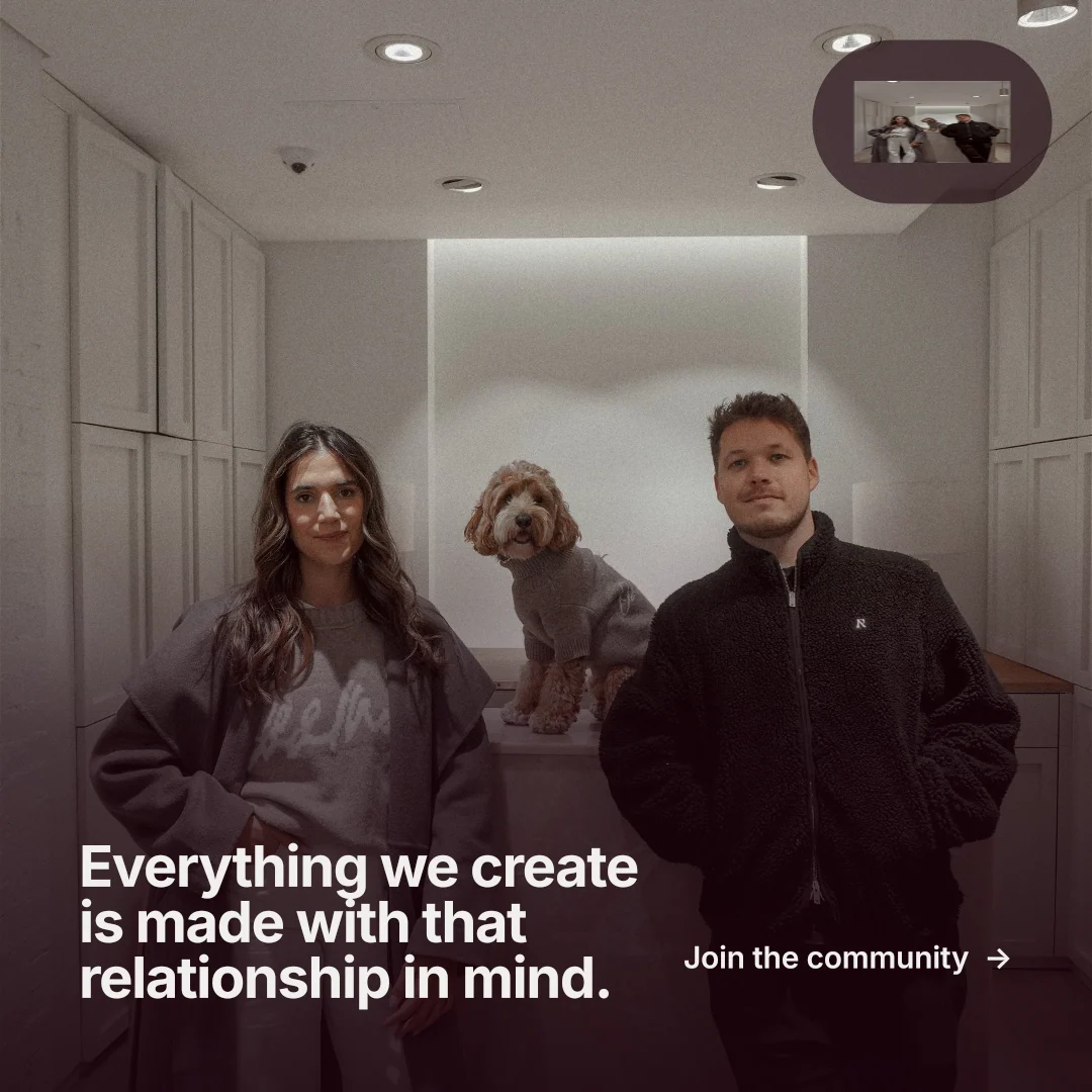 Instagram post for By Teddy: "Everything we create is made with that relationship in mind." Swiss style, image led layout, dark palette in grey, black, red.