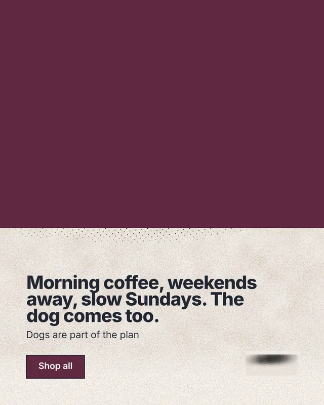 Instagram portrait post for By Teddy: "Morning coffee, weekends away, slow Sundays. The dog comes too." Ink sticker style, bottom layout, light palette in red, orange.