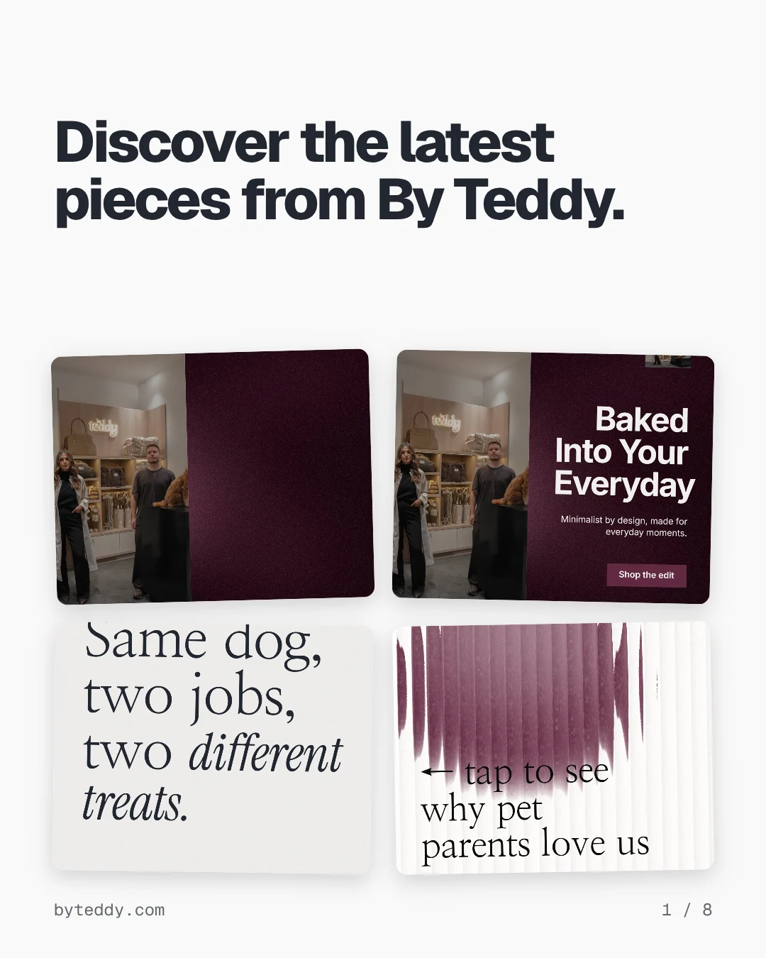 Carousel for By Teddy: "Discover the latest pieces from By Teddy.". Collection carousel, 8 slides, light palette.