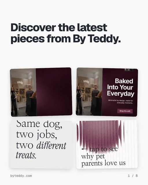 Carousel for By Teddy: "Discover the latest pieces from By Teddy.". Collection carousel, 8 slides, light palette.