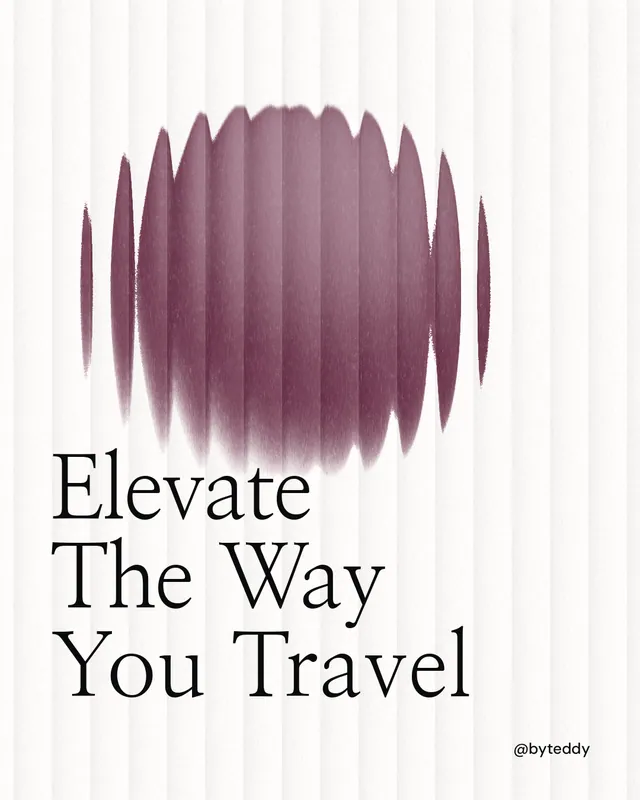 Instagram portrait post for By Teddy: "Elevate The Way You Travel". Auto 4x5 style, technique:shader field layout, light palette in white, grey.
