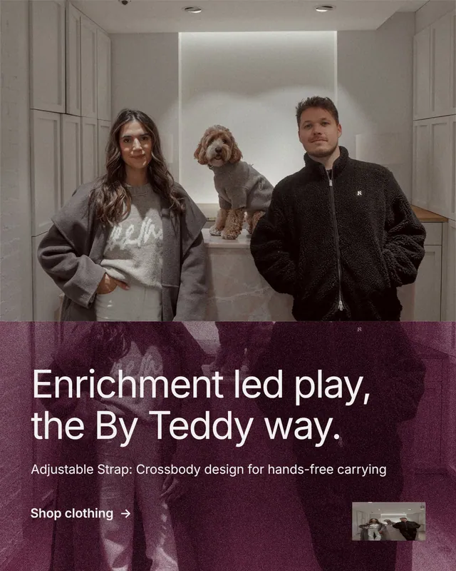 Instagram portrait post for By Teddy: "Enrichment led play, the By Teddy way." Film still style, bottom layout, dark palette in black, red, grey.