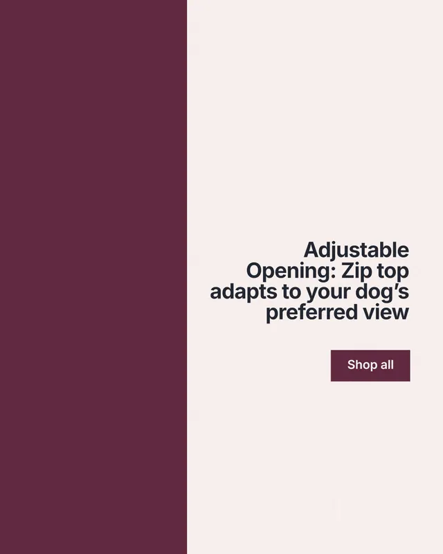 Instagram portrait post for By Teddy: "Adjustable Opening: Zip top adapts to your dog’s preferred view". Swiss style, right layout, light palette in red, white.