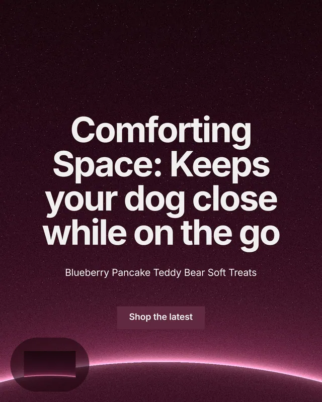 Instagram portrait post for By Teddy: "Comforting Space: Keeps your dog close while on the go". Swiss style, centred layout, dark palette in pink, black, grey.
