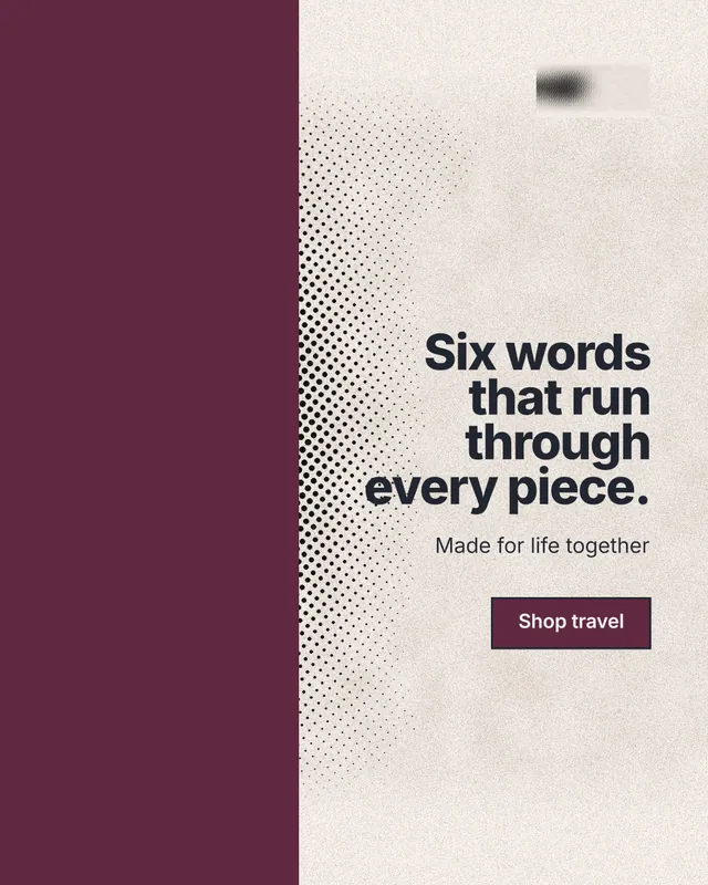 Instagram portrait post for By Teddy: "Six words that run through every piece." Ink sticker style, right layout, light palette in red, orange, white.