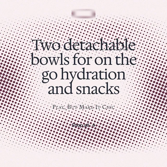 Instagram post for By Teddy: "Two detachable bowls for on the go hydration and snacks". Swiss style, smallcaps layout, light palette in white, grey, red.