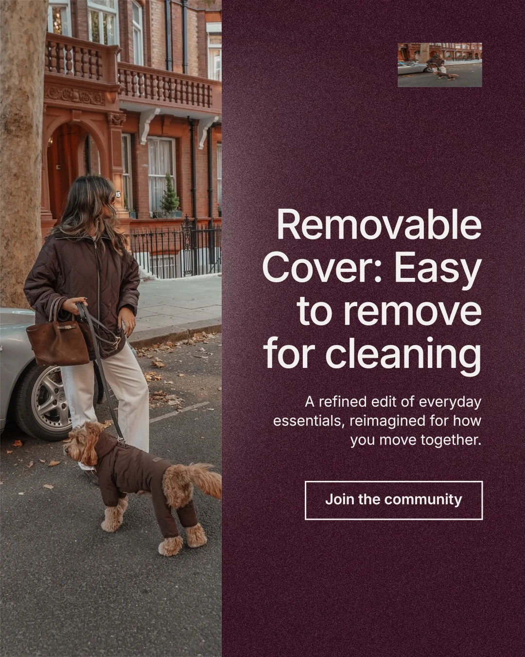 Instagram portrait post for By Teddy: "Removable Cover: Easy to remove for cleaning". Cyanotype style, right layout, dark palette in red, grey.