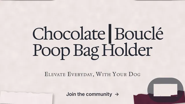 Landscape graphic for By Teddy: "Chocolate┃Bouclé Poop Bag Holder". Swiss style, smallcaps layout, light palette in red, grey, white.