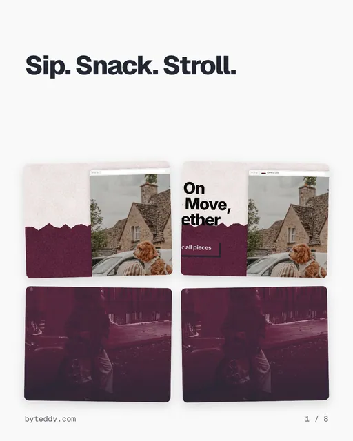 Carousel for By Teddy: "Sip. Snack. Stroll.". Collection carousel, 8 slides, light palette.