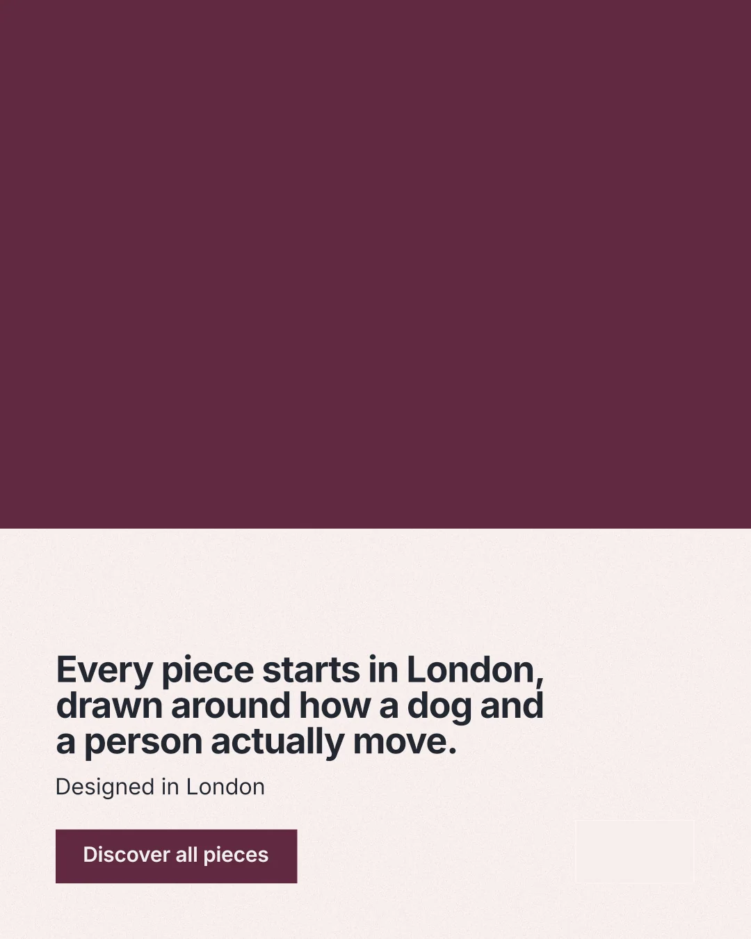 Instagram portrait post for By Teddy: "Every piece starts in London, drawn around how a dog and a person actually move." Swiss style, bottom layout, light palette in red, white, grey.