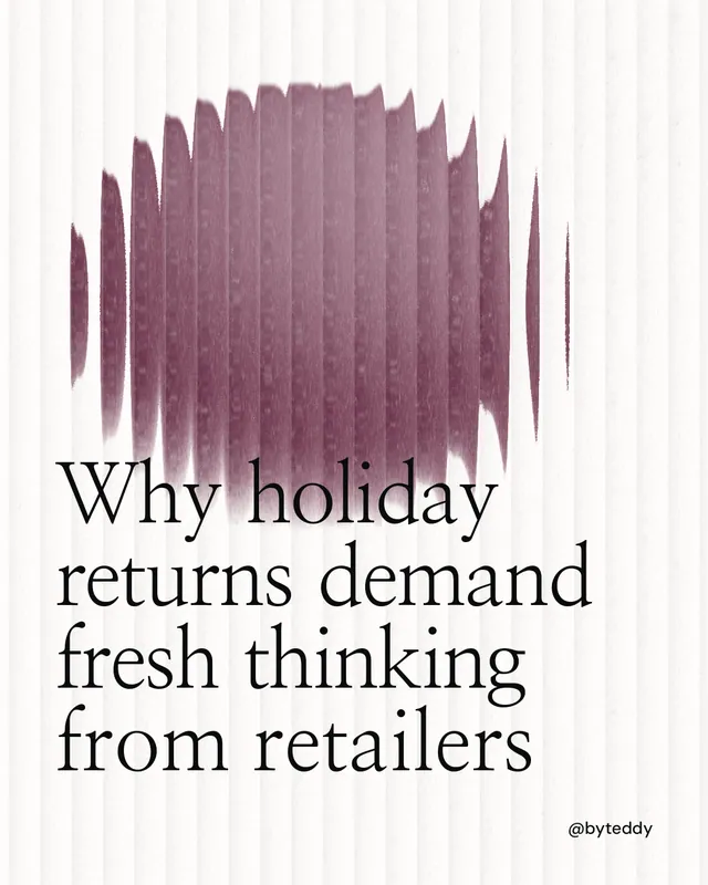 Instagram portrait post for By Teddy: "Why holiday returns demand fresh thinking from retailers". Auto 4x5 style, technique:shader field layout, light palette in white, grey.