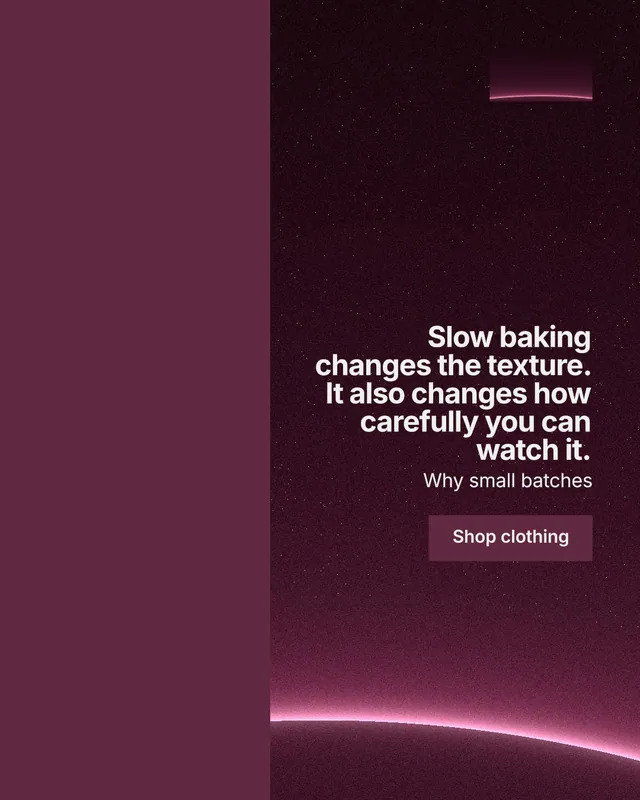 Instagram portrait post for By Teddy: "Slow baking changes the texture. It also changes how carefully you can watch it." Swiss style, right layout, dark palette in red, black, pink.