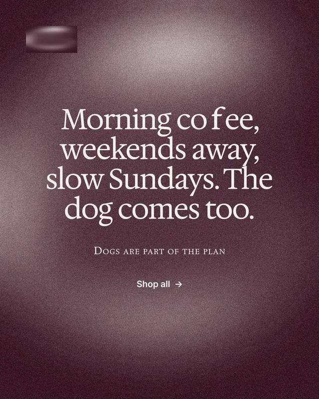 Instagram portrait post for By Teddy: "Morning coffee, weekends away, slow Sundays. The dog comes too." Cyanotype style, smallcaps layout, dark palette in red, grey.