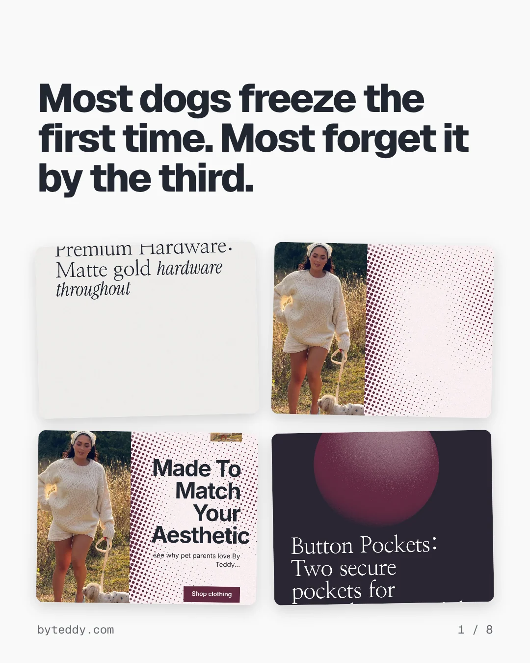 Carousel for By Teddy: "Most dogs freeze the first time. Most forget it by the third.". Collection carousel, 8 slides, light palette.