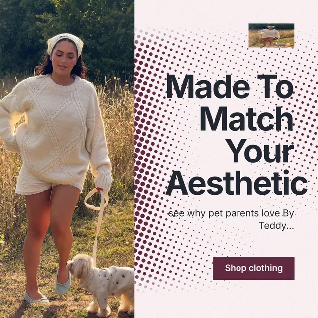 Instagram post for By Teddy: "Made To Match Your Aesthetic". Swiss style, right layout, light palette in orange, grey, white.